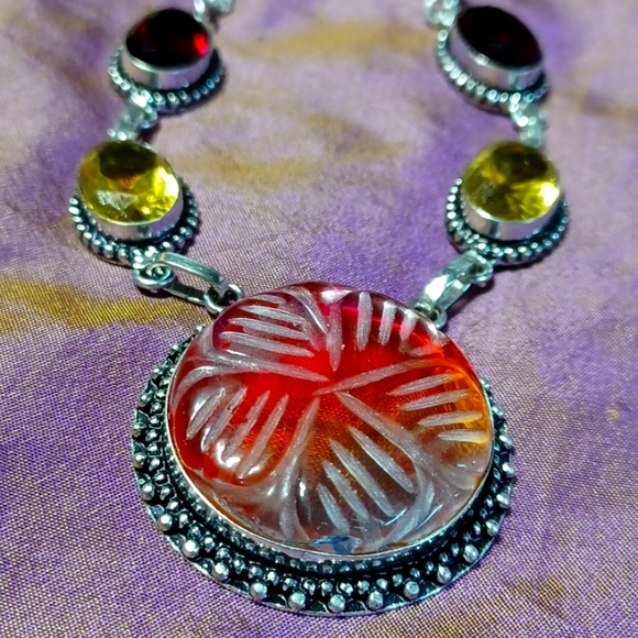 Bi-tourmeline citrine garnet silver necklace carved handmade red yellow white - Picture 3 of 5